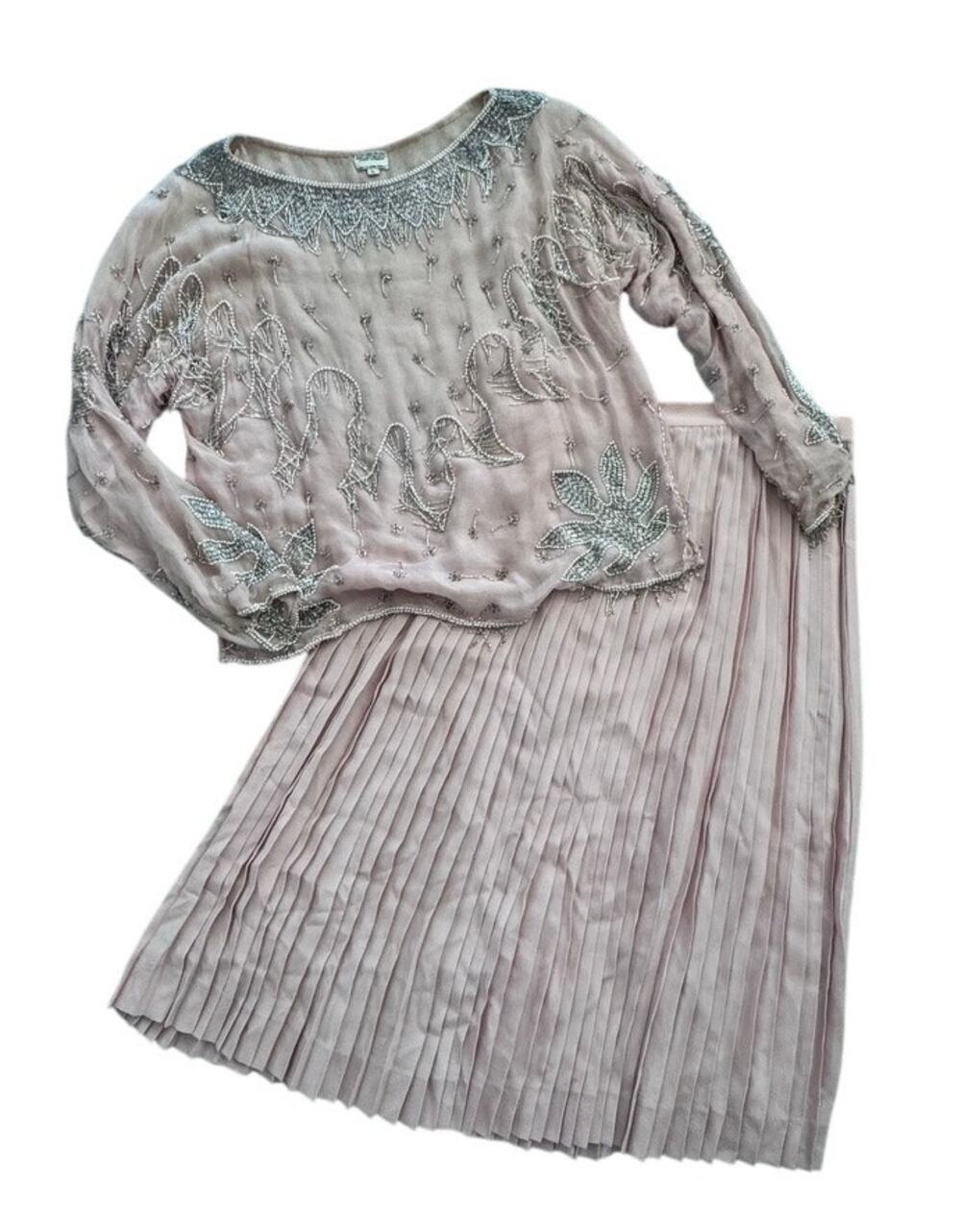 VTG Dusty Pale Pink Beaded Blouse & Pleated Skirt Set Pink India 100% Silk Top L